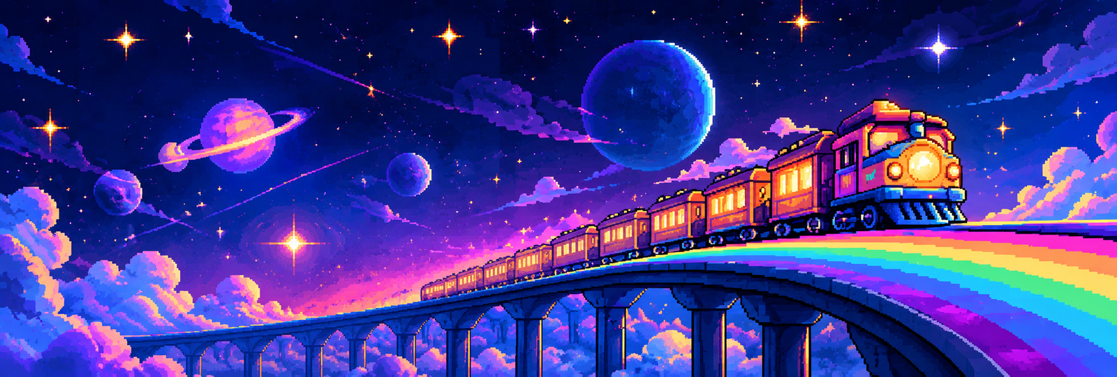 A pixel-art train crossing a rainbow bridge under a starry sky